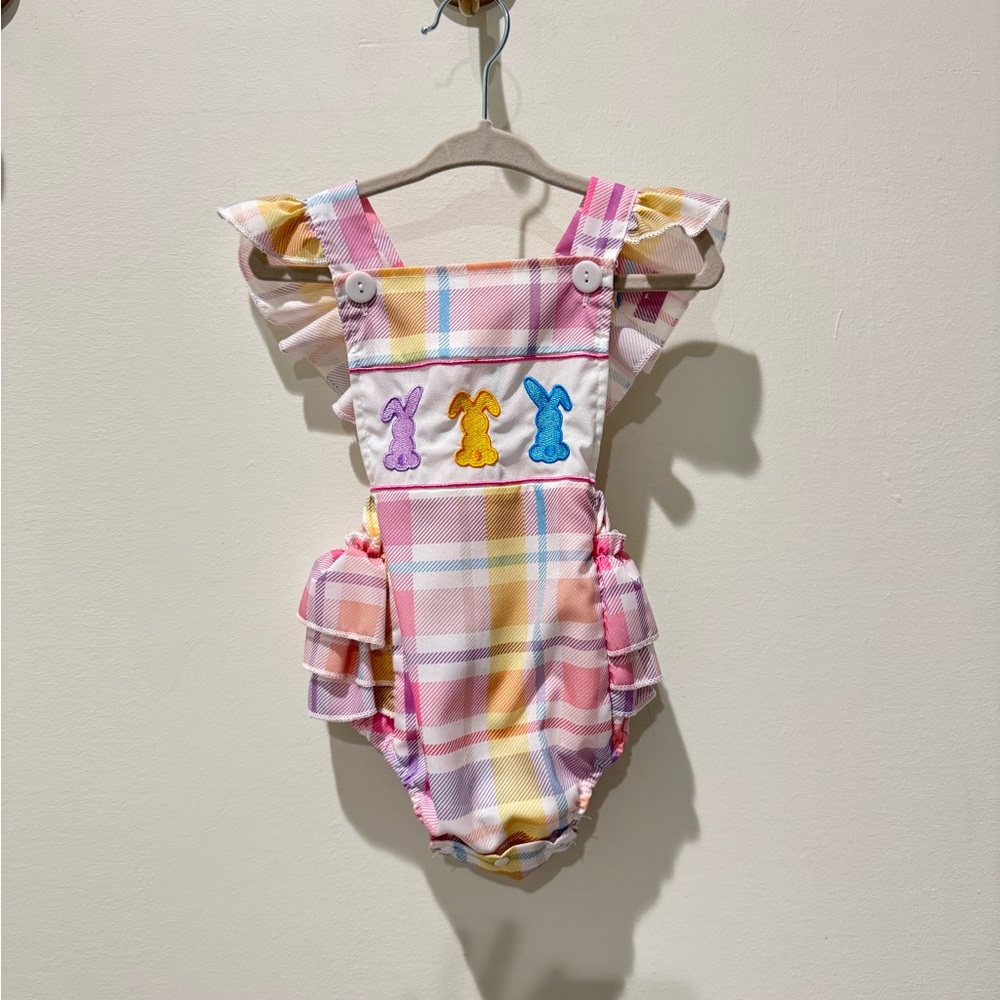 Plaid Ruffle Baby Romper with Bunny Appliques